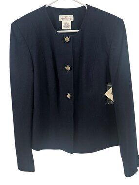 Vintage Worthington Navy Blazer‎ Cropped Jacket 100% Wool Size 14 Preppy